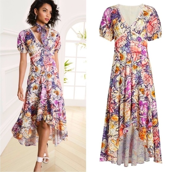 Marchesa Notte Floral Eyelet High Low Midi Dress Size 16 - Picture 1 of 16
